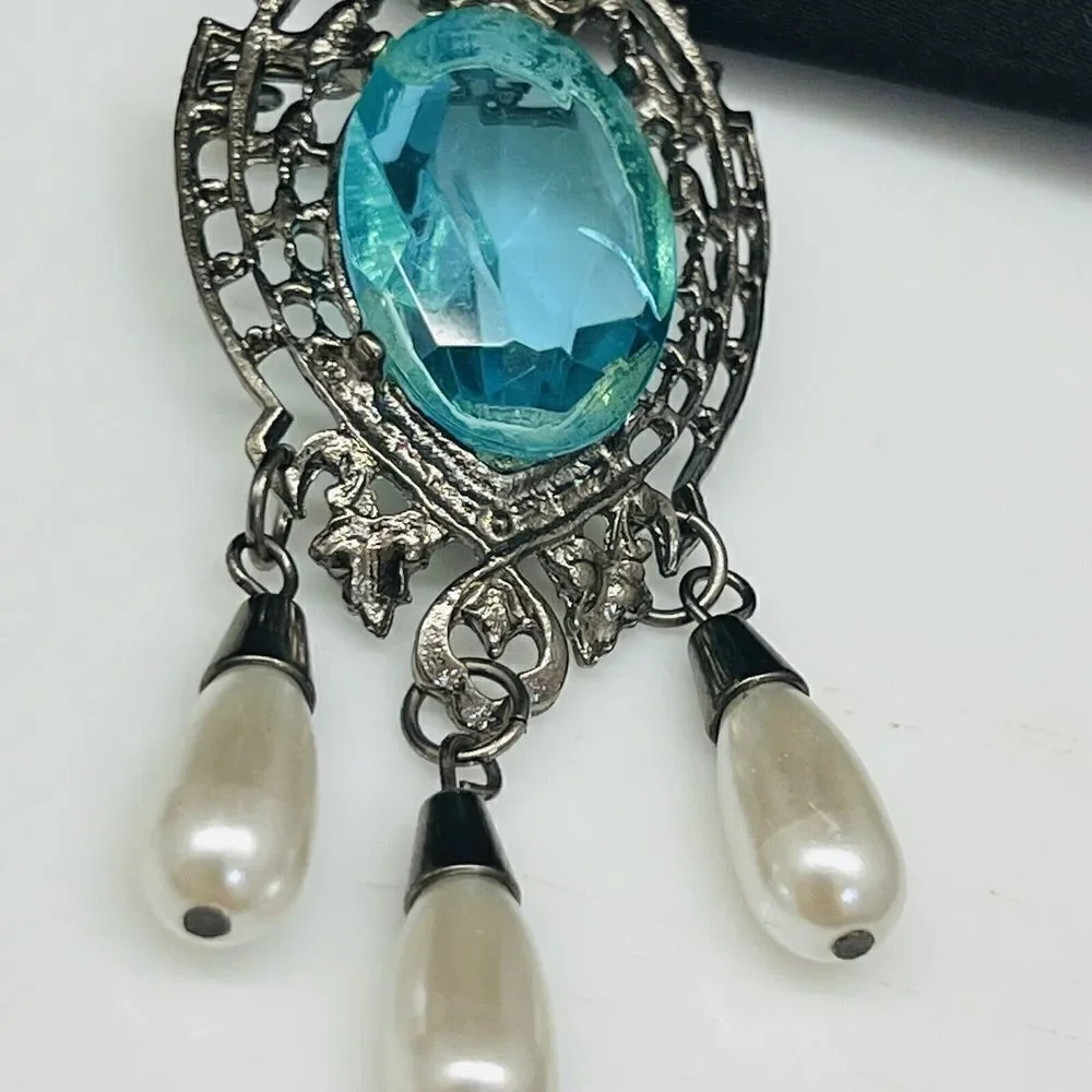 Vintage Brooch Faux Topaz Pearl Dangle Edwardian Inspired Costume Silver 1181